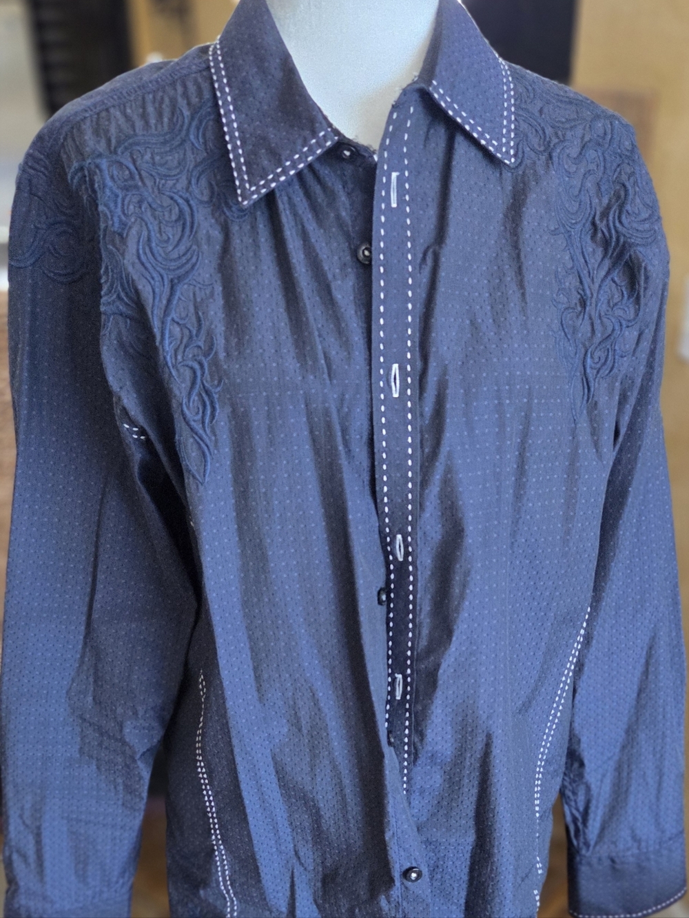 Roar Men's Navy Blue Button Up Shirt with Embroidered Shoulders